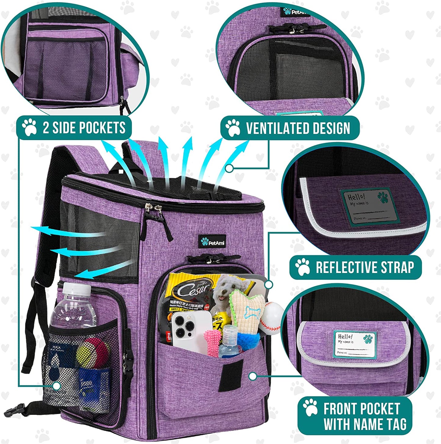 Airline Approved Dog and Cat Backpack Carrier - Soft-Sided, Ventilated, Perfect for Travel, Hiking, and Camping - Fits Pets Up to 18 lbs - Stylish Purple Design