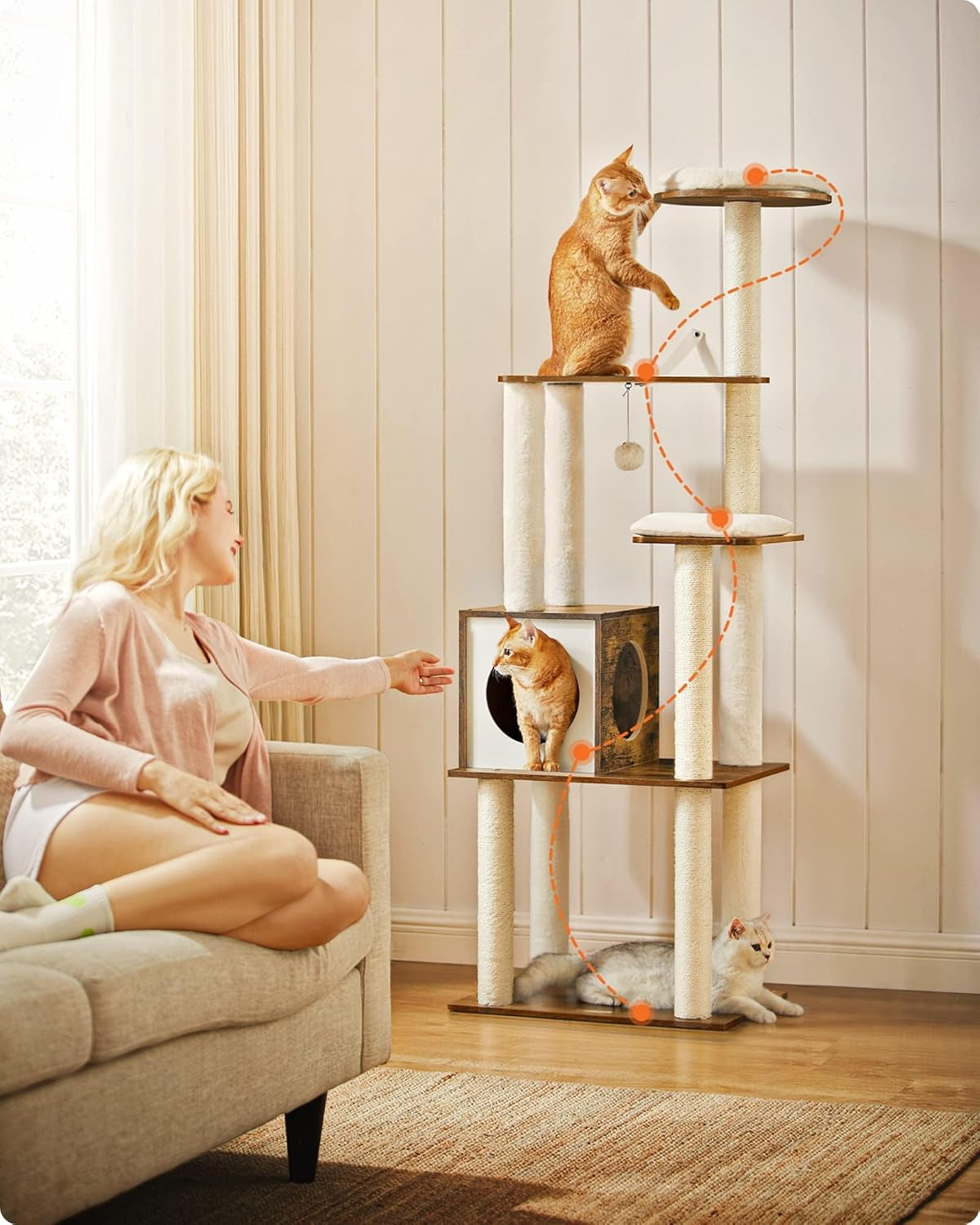 Stylish 65-Inch Woodywonders Cat Tree - Modern Multi-Level Condo with 5 Scratching Posts, Perch & Washable Cushions - Perfect Cat Furniture in Rustic Brown