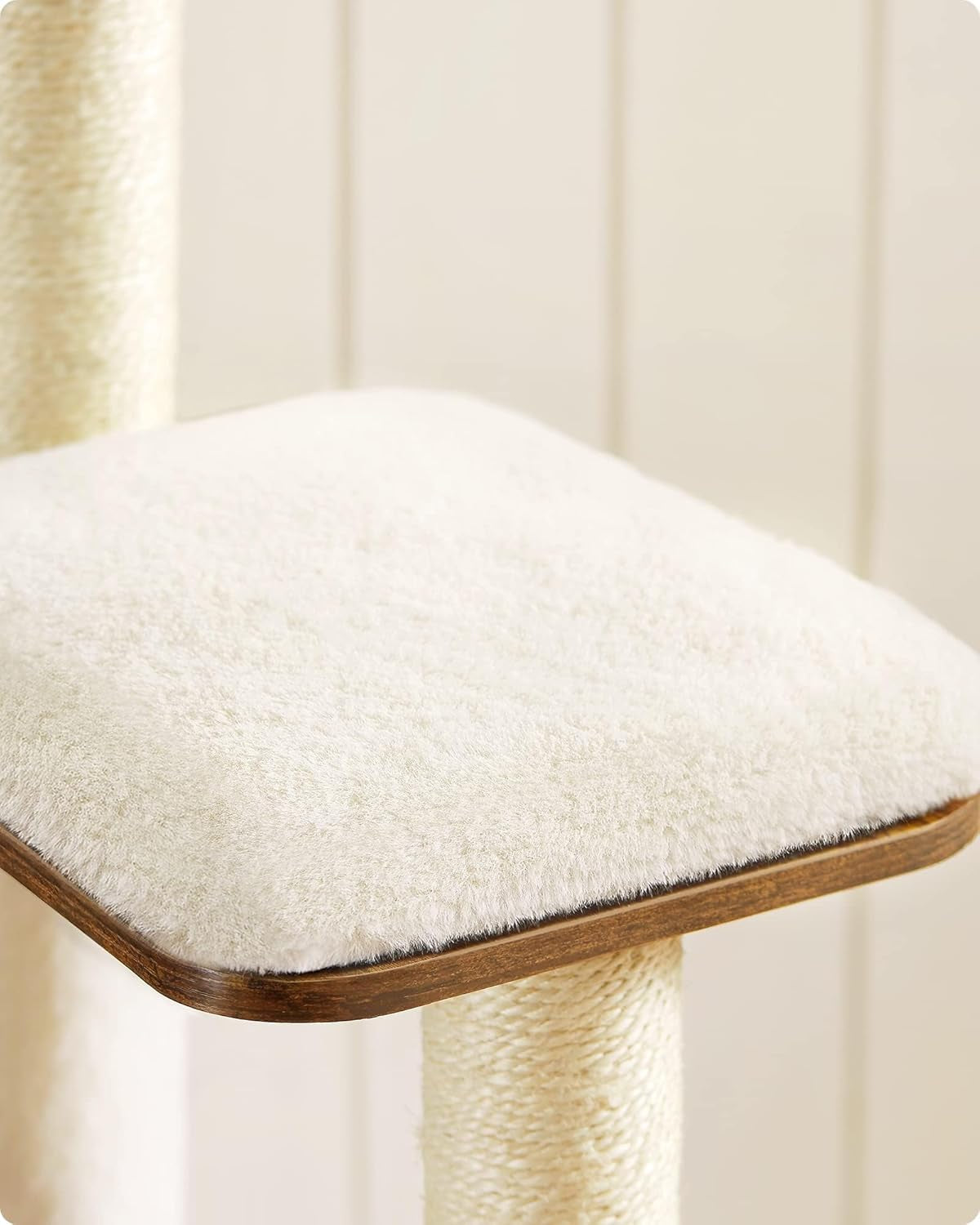 Stylish 65-Inch Woodywonders Cat Tree - Modern Multi-Level Condo with 5 Scratching Posts, Perch & Washable Cushions - Perfect Cat Furniture in Rustic Brown