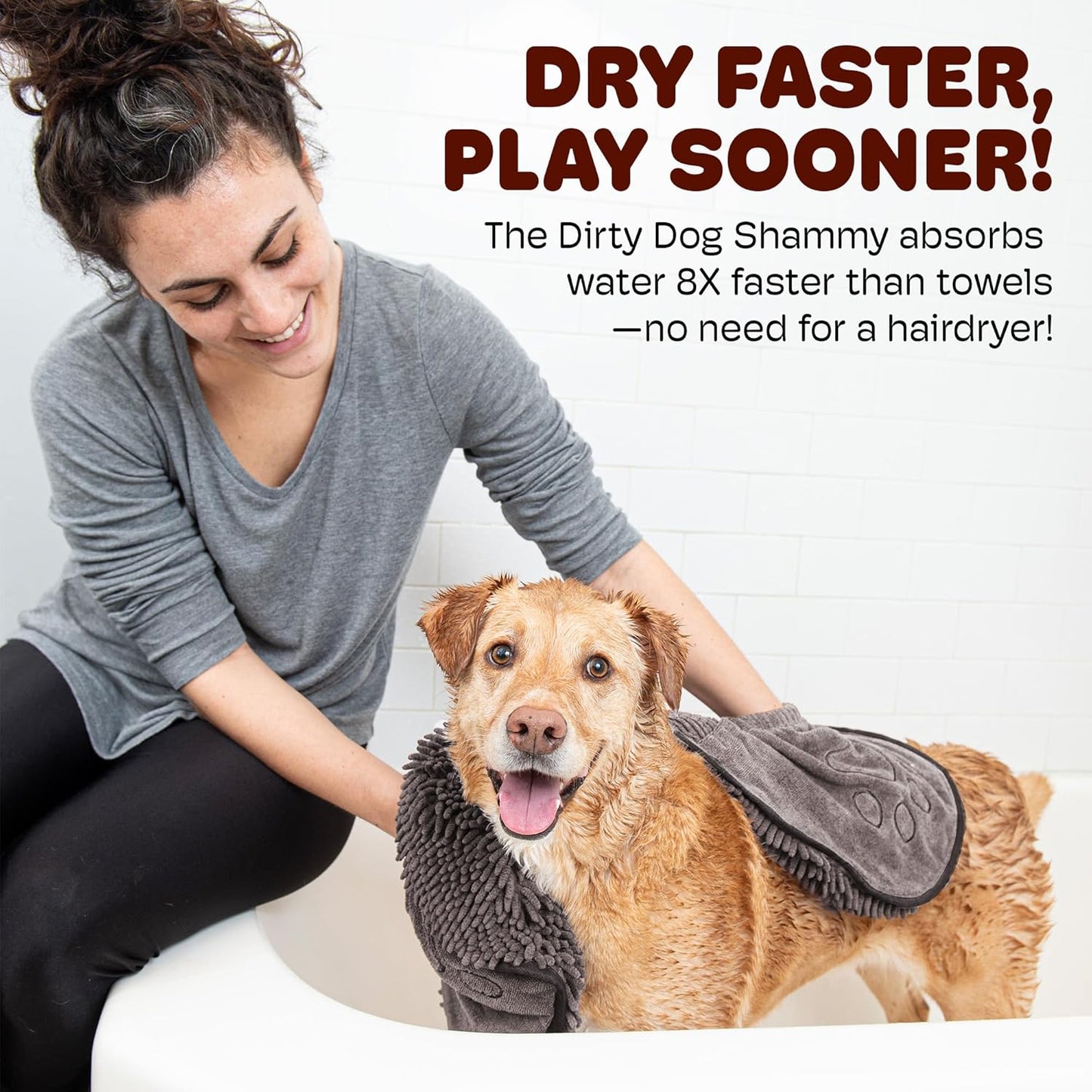 Dirty Dog Shammy Towel - Ultra-Absorbent Fast-Drying Microfiber with Dual Hand Pockets - Machine Washable - Grey