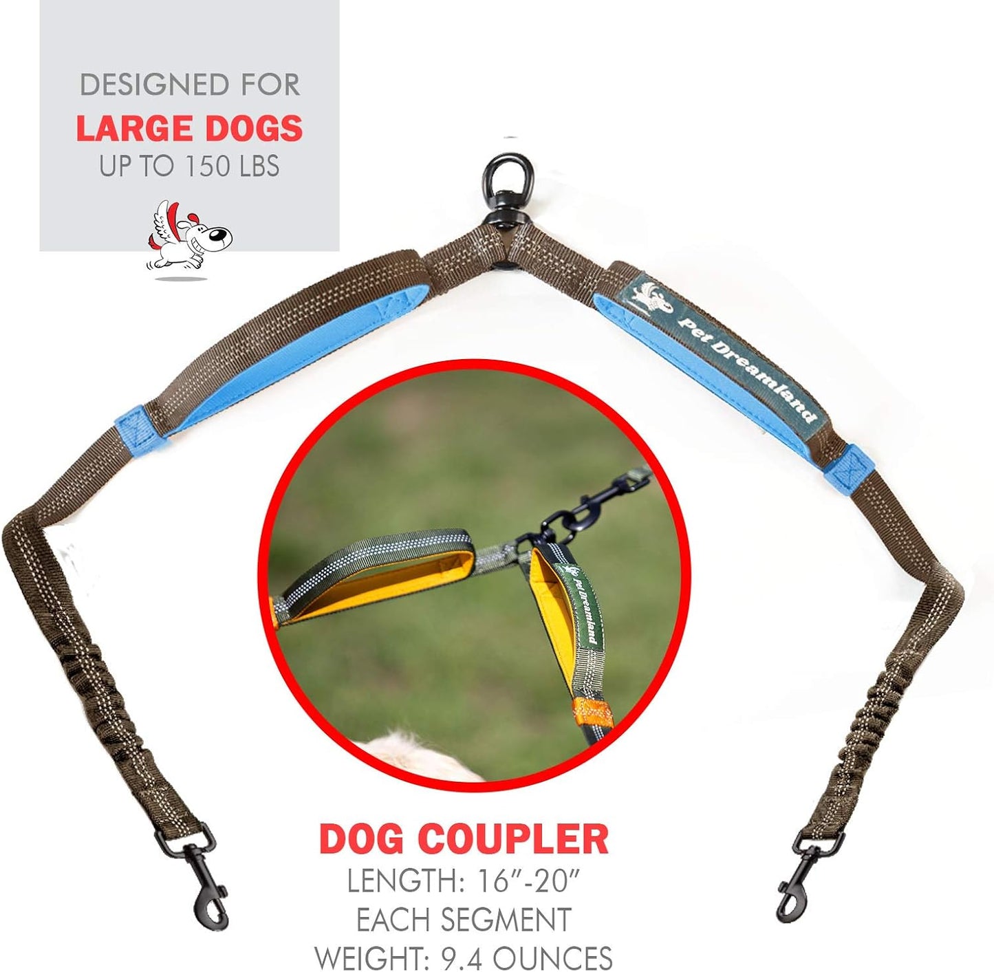 Exquisite Double Leash for Two Dogs – 2 Dog Coupler – No-Tangle Splitter for Large Dogs – Dual Attachment (Coupler Only, Large, Grey & Blue)