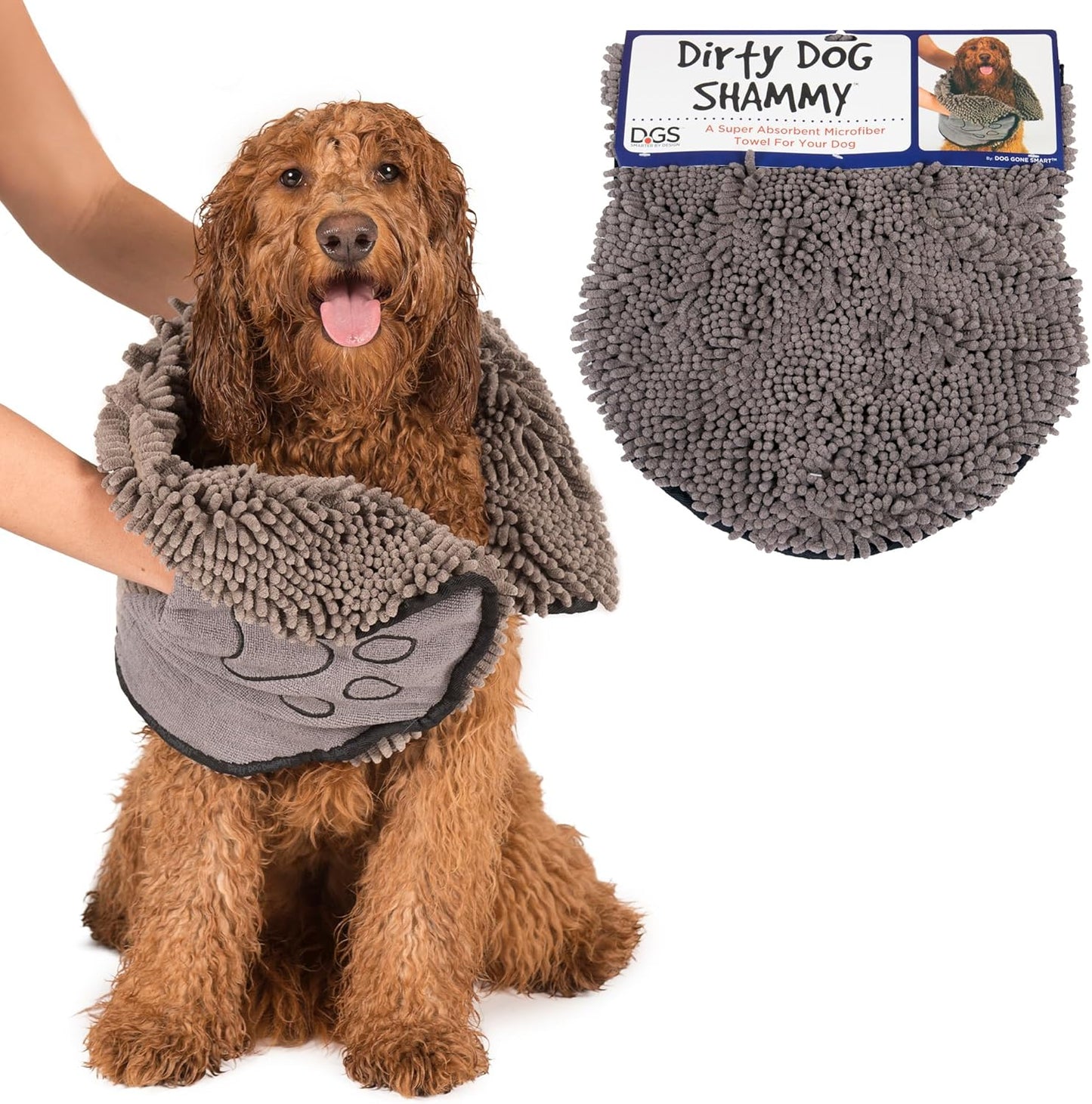 Dirty Dog Shammy Towel - Ultra-Absorbent Fast-Drying Microfiber with Dual Hand Pockets - Machine Washable - Grey
