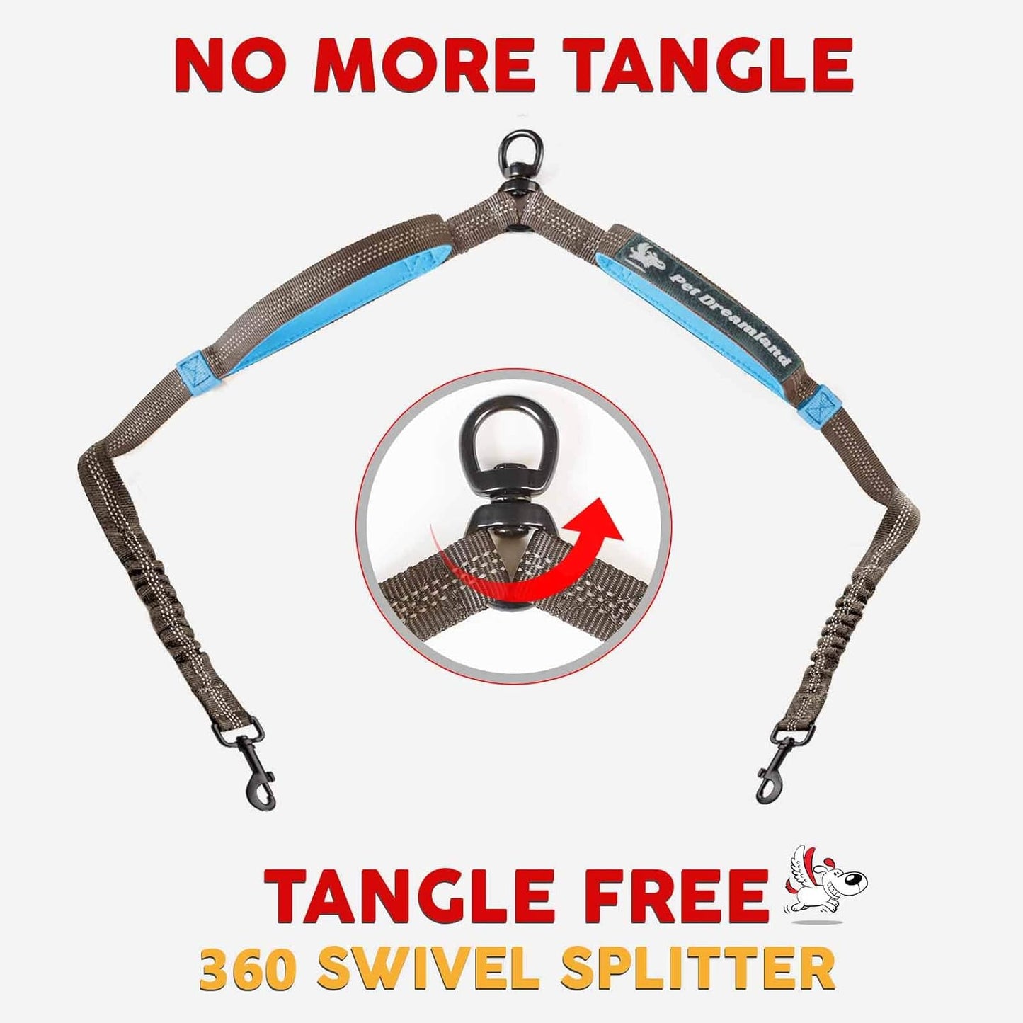 Exquisite Double Leash for Two Dogs – 2 Dog Coupler – No-Tangle Splitter for Large Dogs – Dual Attachment (Coupler Only, Large, Grey & Blue)