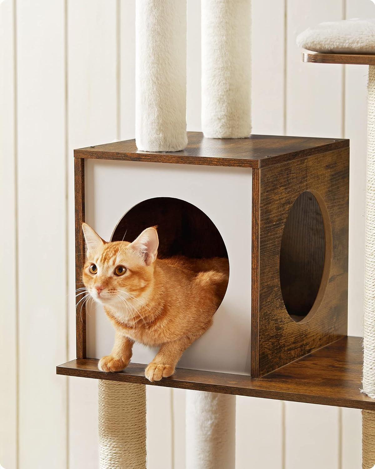 Stylish 65-Inch Woodywonders Cat Tree - Modern Multi-Level Condo with 5 Scratching Posts, Perch & Washable Cushions - Perfect Cat Furniture in Rustic Brown