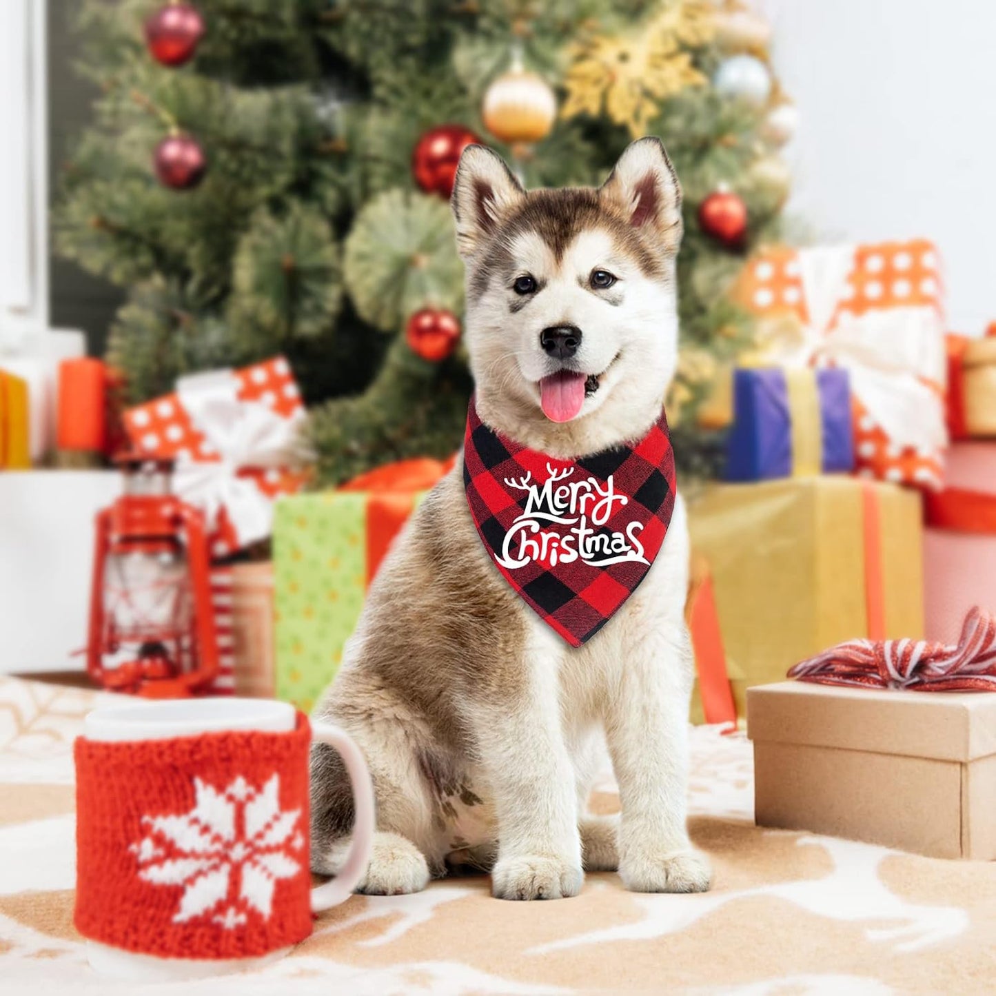 Festive 2 Pack Buffalo Plaid Dog Bandanas - Merry Christmas Triangle Scarves for Small to Large Dogs & Cats