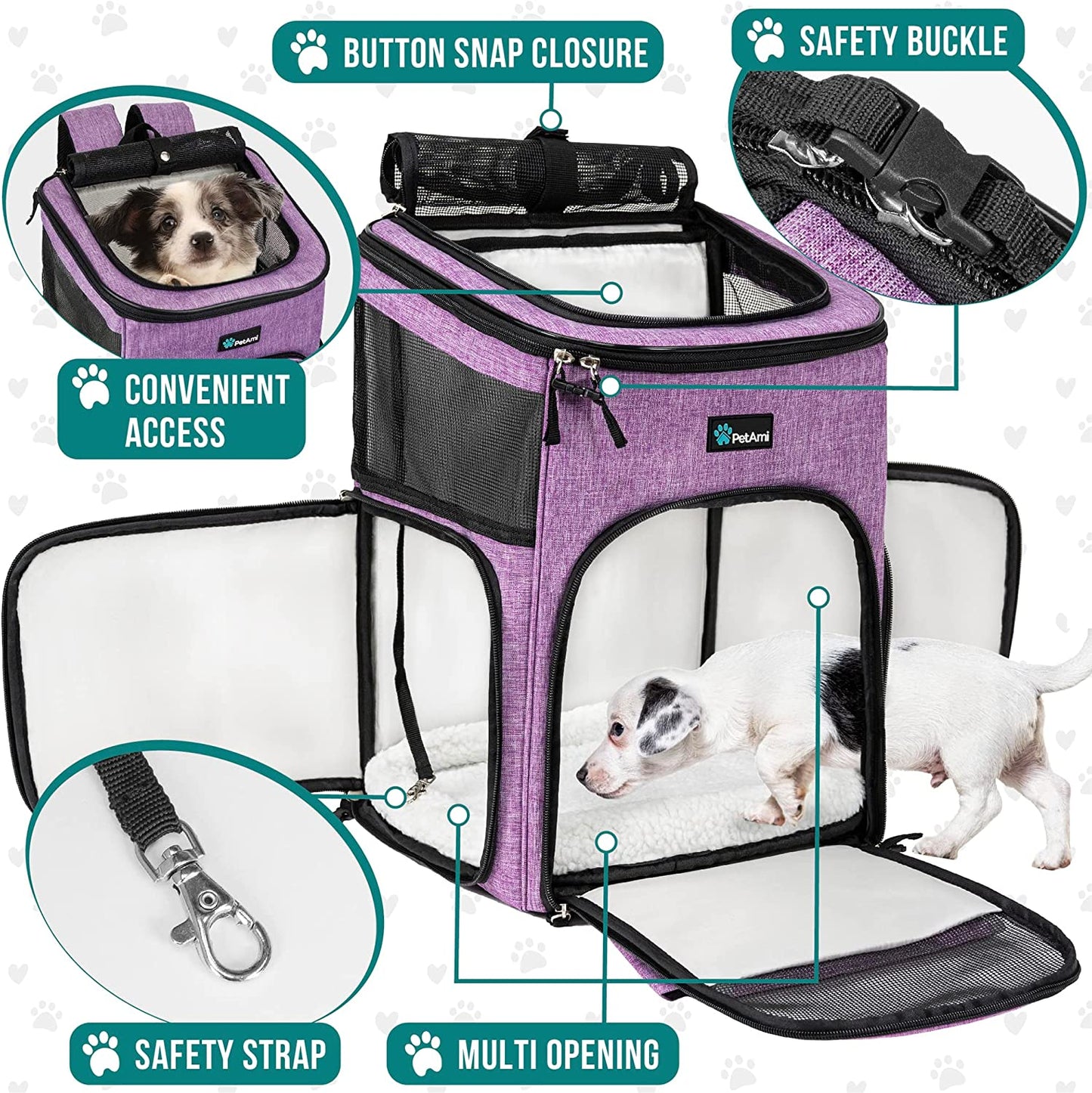 Airline Approved Dog and Cat Backpack Carrier - Soft-Sided, Ventilated, Perfect for Travel, Hiking, and Camping - Fits Pets Up to 18 lbs - Stylish Purple Design