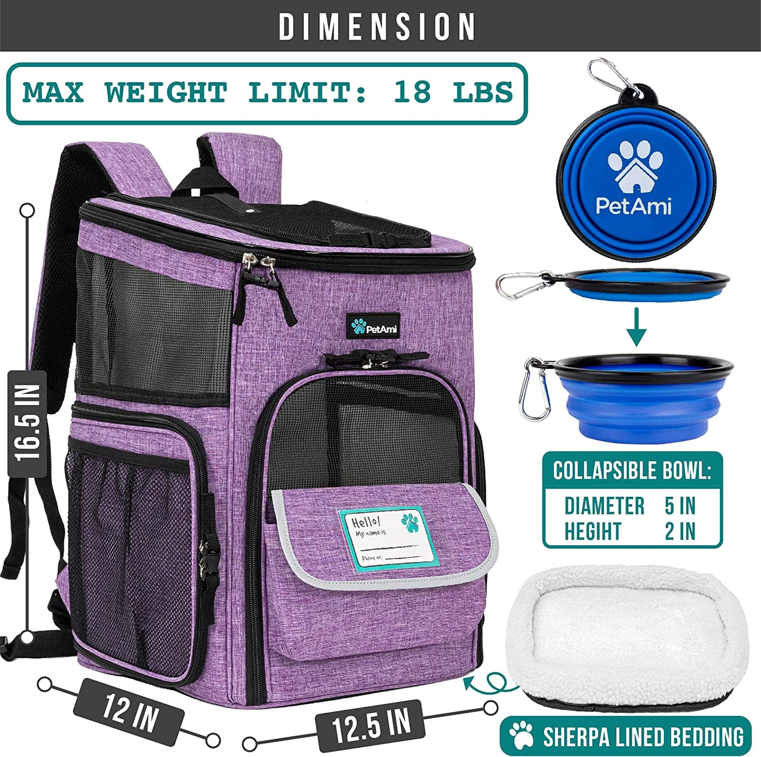 Airline Approved Dog and Cat Backpack Carrier - Soft-Sided, Ventilated, Perfect for Travel, Hiking, and Camping - Fits Pets Up to 18 lbs - Stylish Purple Design