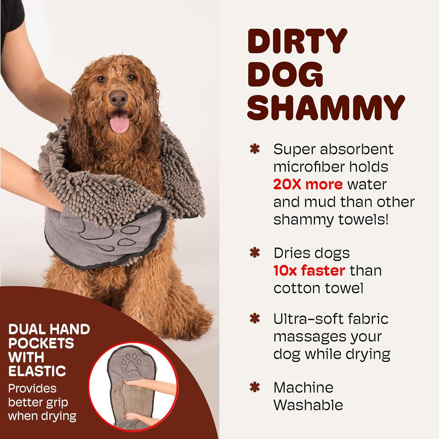 Dirty Dog Shammy Towel - Ultra-Absorbent Fast-Drying Microfiber with Dual Hand Pockets - Machine Washable - Grey