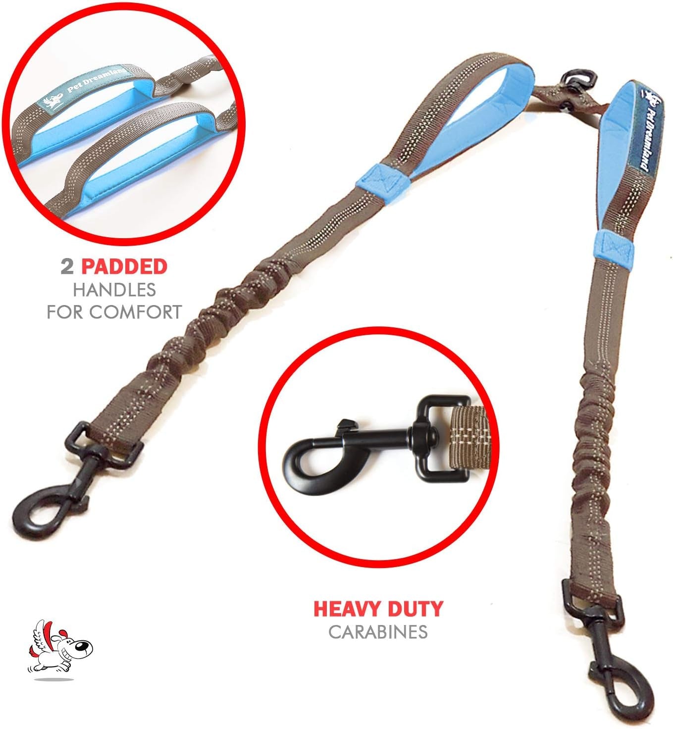 Exquisite Double Leash for Two Dogs – 2 Dog Coupler – No-Tangle Splitter for Large Dogs – Dual Attachment (Coupler Only, Large, Grey & Blue)