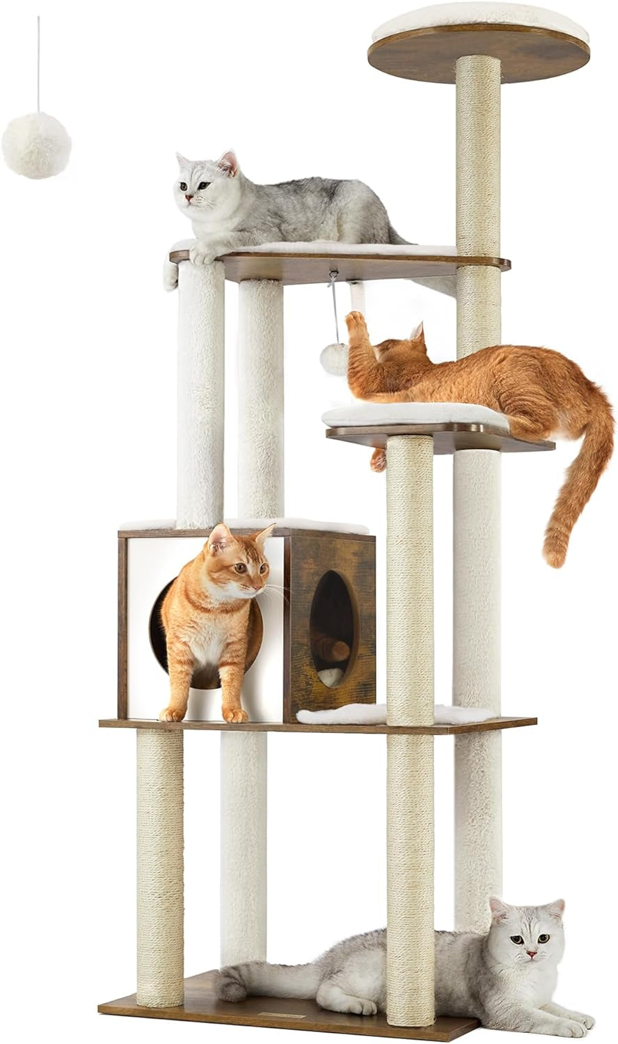 Stylish 65-Inch Woodywonders Cat Tree - Modern Multi-Level Condo with 5 Scratching Posts, Perch & Washable Cushions - Perfect Cat Furniture in Rustic Brown
