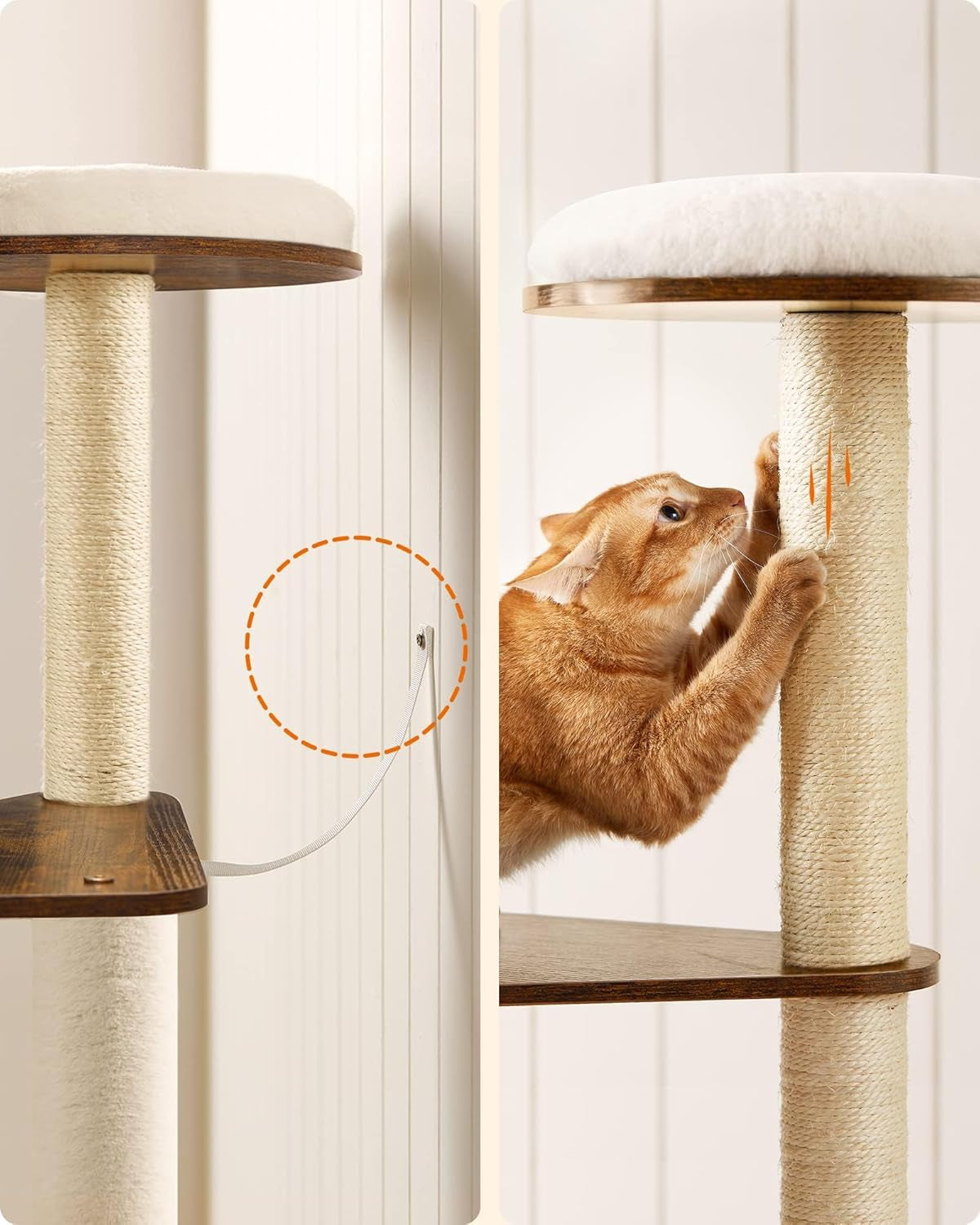 Stylish 65-Inch Woodywonders Cat Tree - Modern Multi-Level Condo with 5 Scratching Posts, Perch & Washable Cushions - Perfect Cat Furniture in Rustic Brown