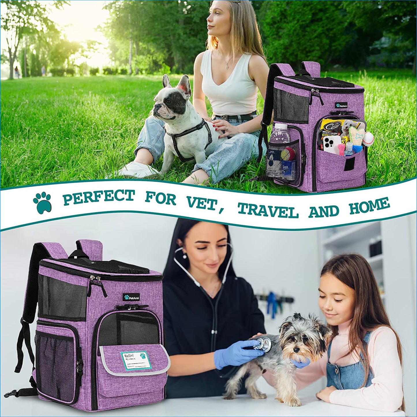 Airline Approved Dog and Cat Backpack Carrier - Soft-Sided, Ventilated, Perfect for Travel, Hiking, and Camping - Fits Pets Up to 18 lbs - Stylish Purple Design