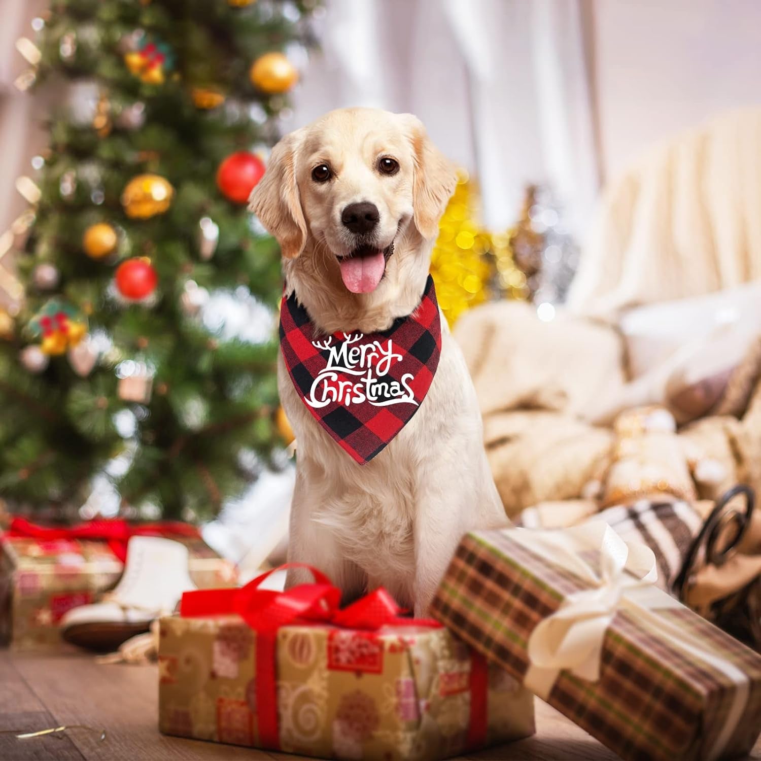 Festive 2 Pack Buffalo Plaid Dog Bandanas - Merry Christmas Triangle Scarves for Small to Large Dogs & Cats