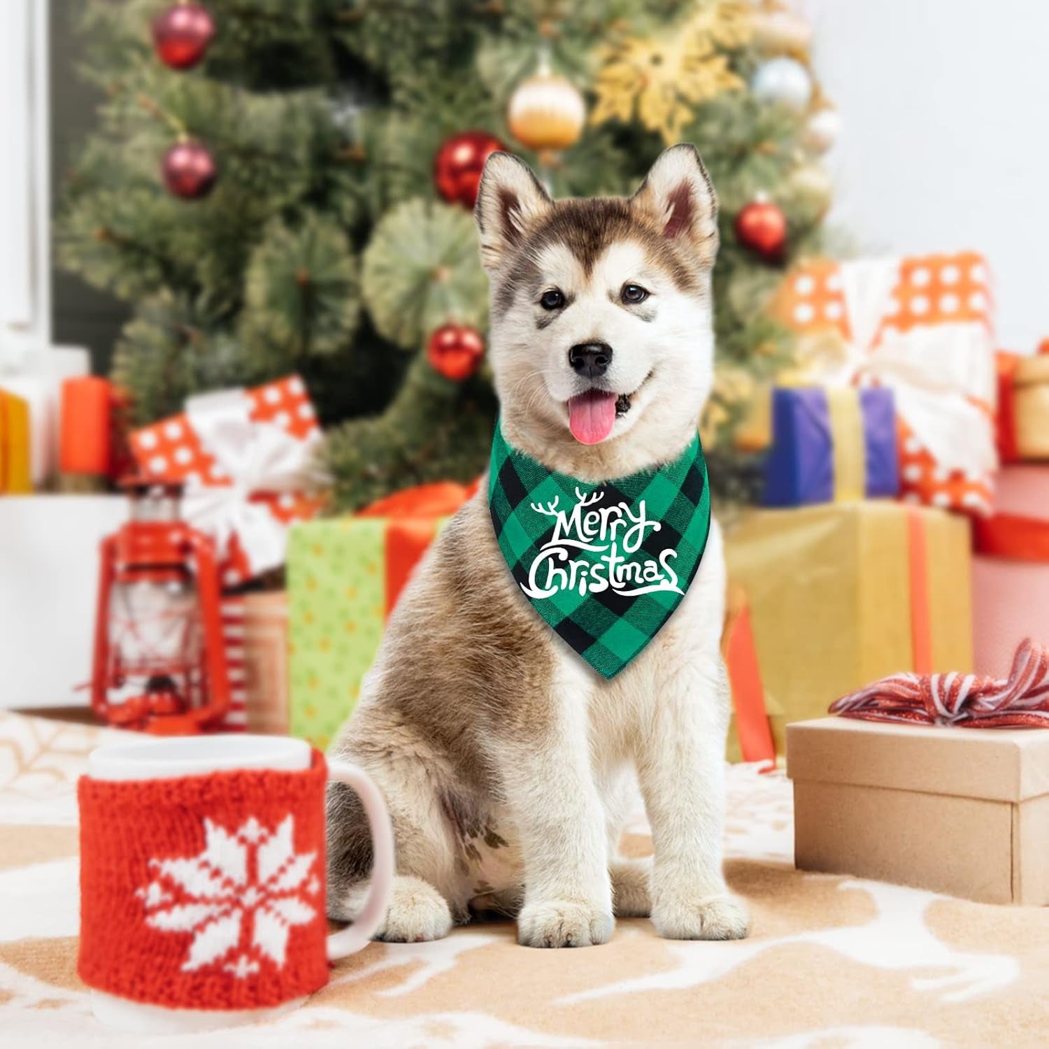Festive 2 Pack Buffalo Plaid Dog Bandanas - Merry Christmas Triangle Scarves for Small to Large Dogs & Cats