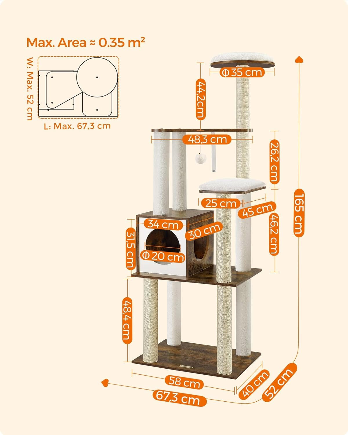 Stylish 65-Inch Woodywonders Cat Tree - Modern Multi-Level Condo with 5 Scratching Posts, Perch & Washable Cushions - Perfect Cat Furniture in Rustic Brown