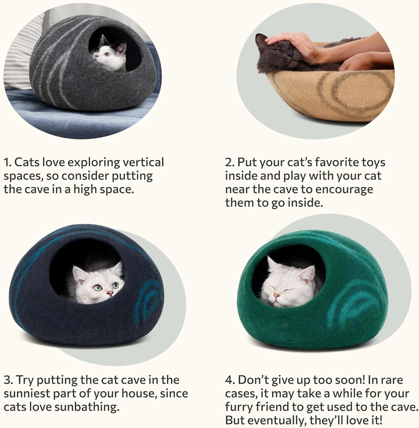 Cat Cave – Premium Felt Cat Bed for Indoor Cats, Handmade 100% Merino Wool (Light Shades)