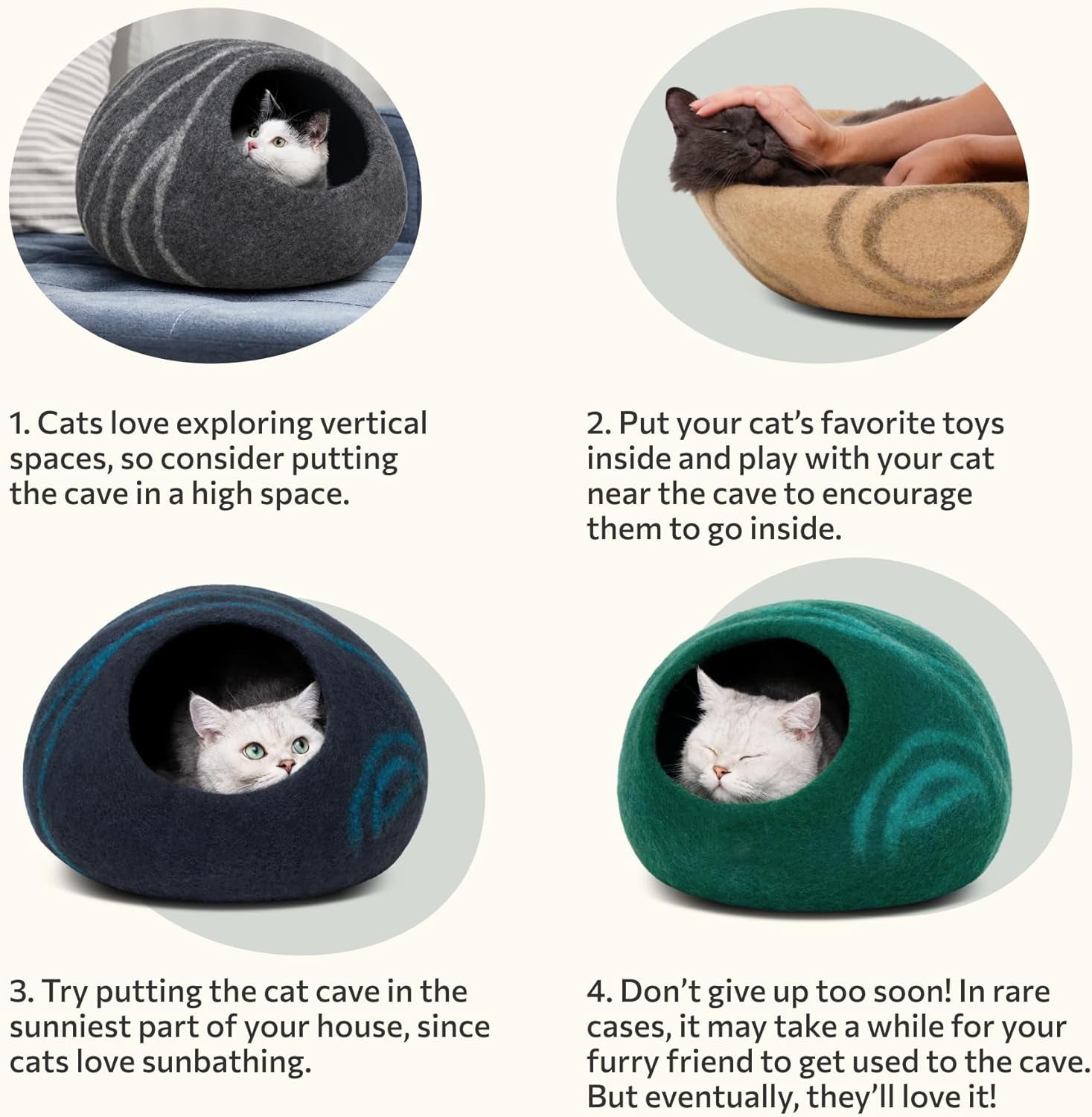 Cat Cave – Premium Felt Cat Bed for Indoor Cats, Handmade 100% Merino Wool (Light Shades)