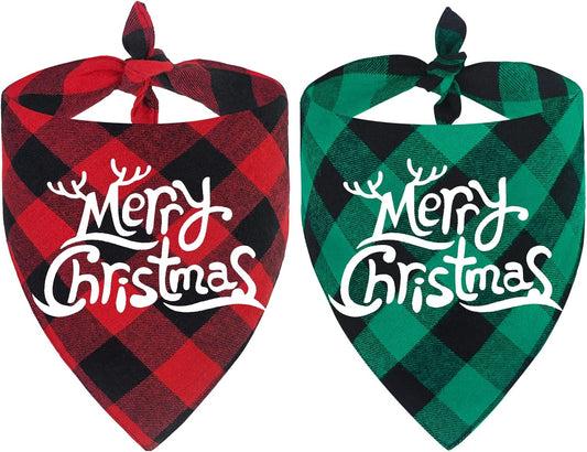 Festive 2 Pack Buffalo Plaid Dog Bandanas - Merry Christmas Triangle Scarves for Small to Large Dogs & Cats