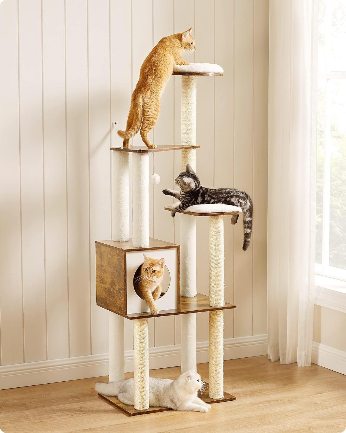 Stylish 65-Inch Woodywonders Cat Tree - Modern Multi-Level Condo with 5 Scratching Posts, Perch & Washable Cushions - Perfect Cat Furniture in Rustic Brown