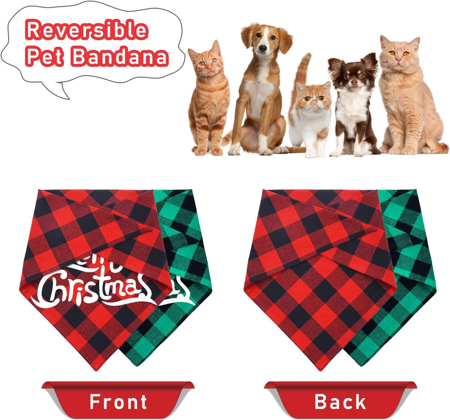 Festive 2 Pack Buffalo Plaid Dog Bandanas - Merry Christmas Triangle Scarves for Small to Large Dogs & Cats