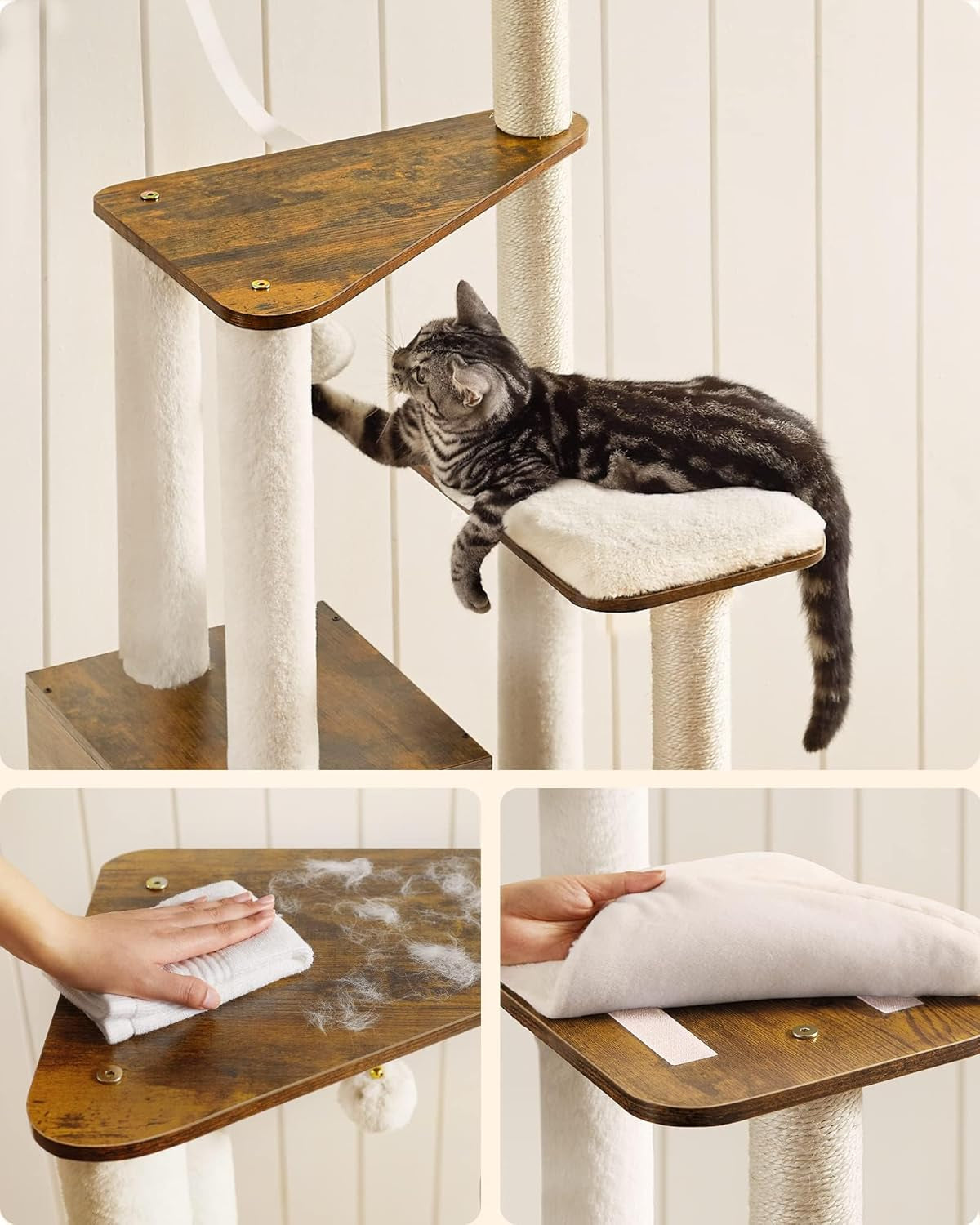 Stylish 65-Inch Woodywonders Cat Tree - Modern Multi-Level Condo with 5 Scratching Posts, Perch & Washable Cushions - Perfect Cat Furniture in Rustic Brown
